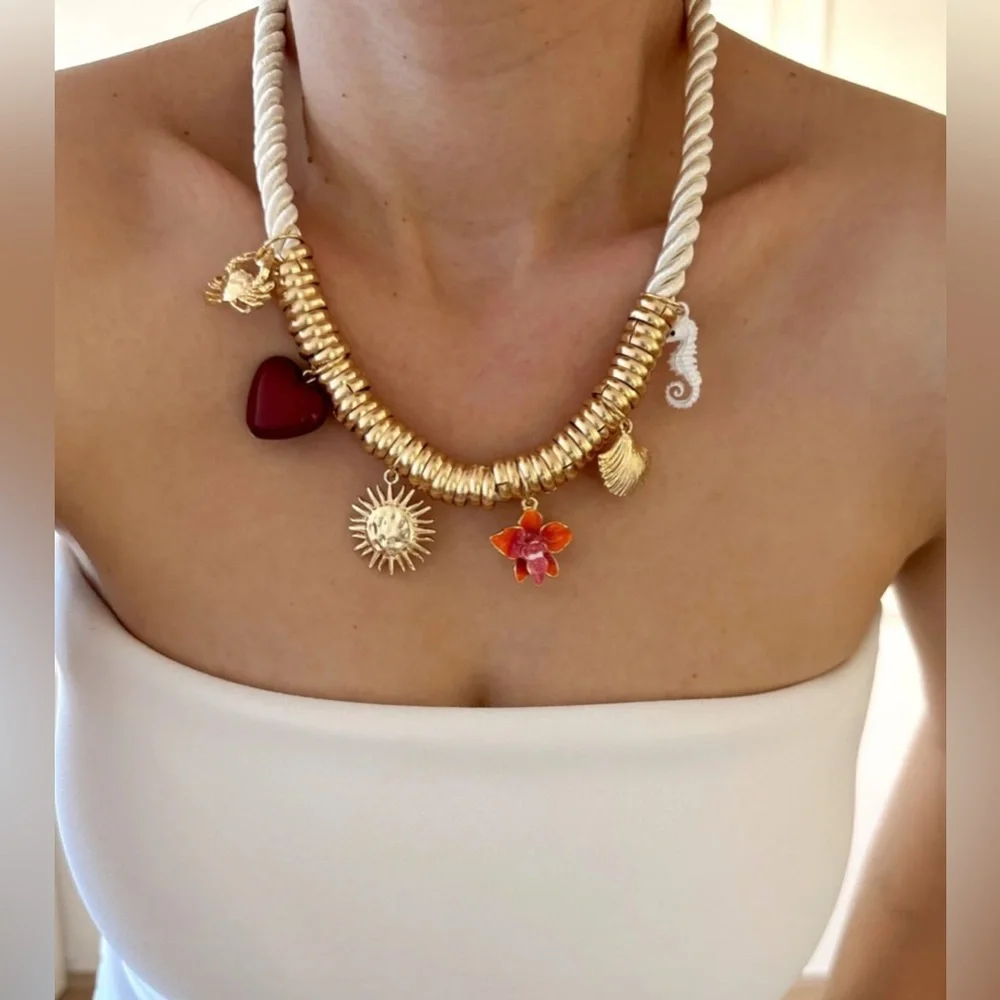 Sun Heart and Seashell Accents Charm Necklace